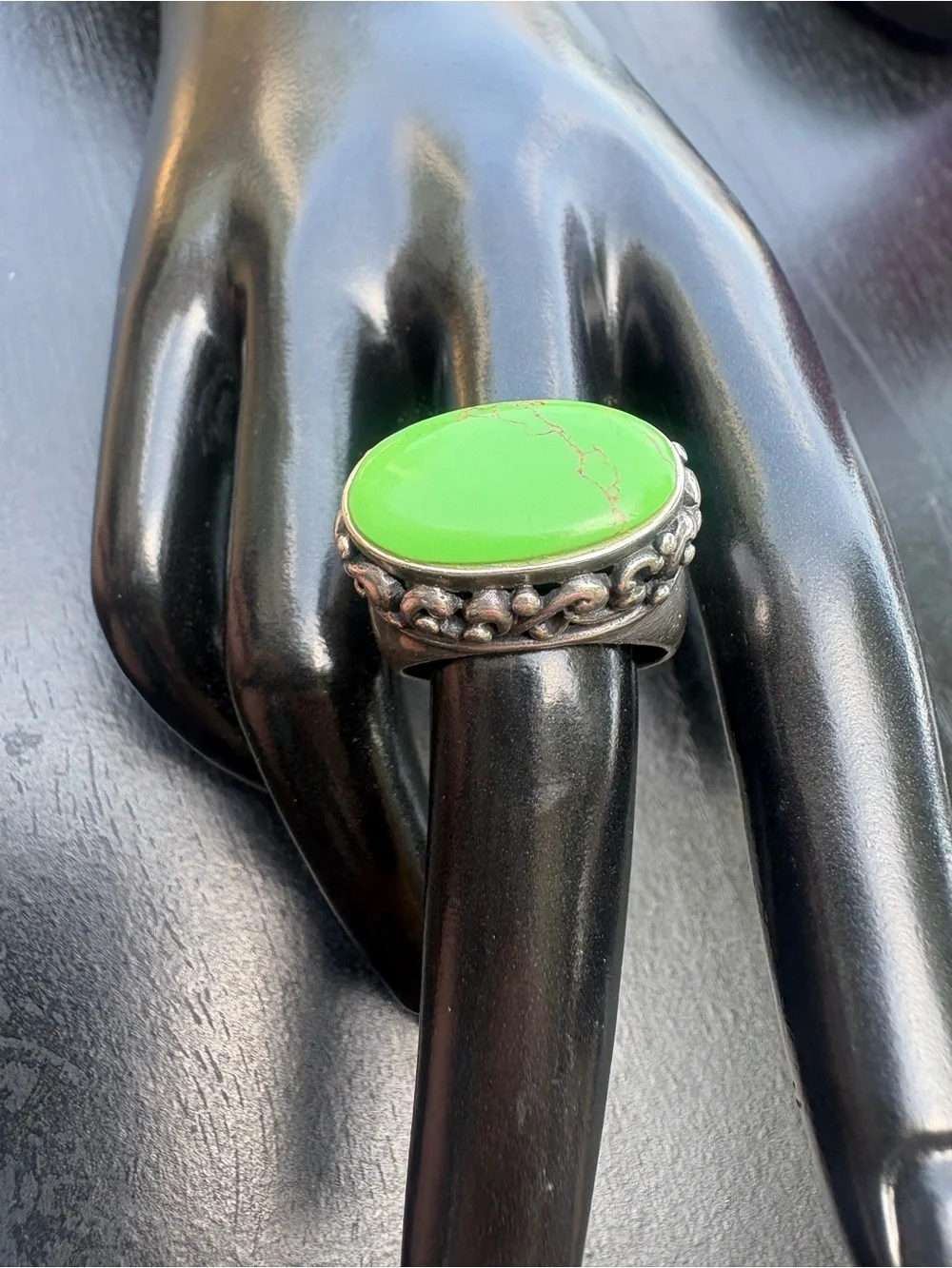 Vintage Bohemian Green Turquoise  Sterling Silver Statement Ring - Size 7.75